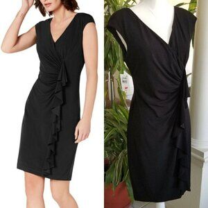 Connected Apparel Sz 6 Black Ruffled V-Neck Knee Length Dress Business Office